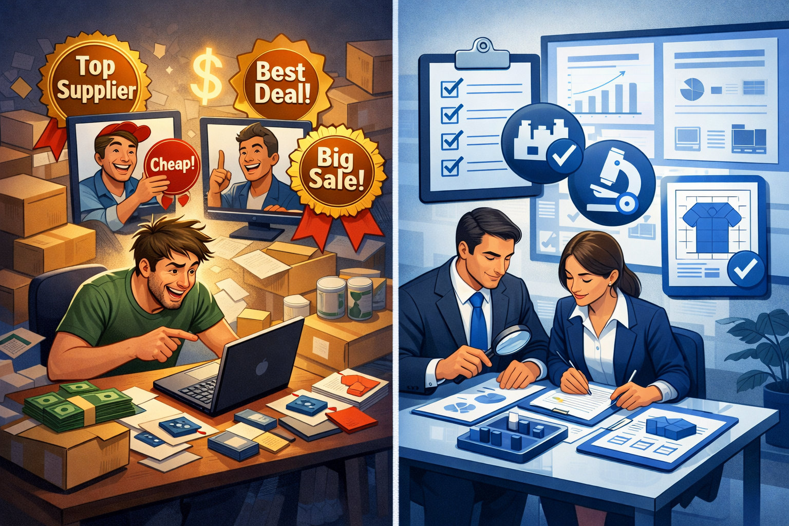 Illustration showing the difference between choosing suppliers based on hype and qualifying them with structure
